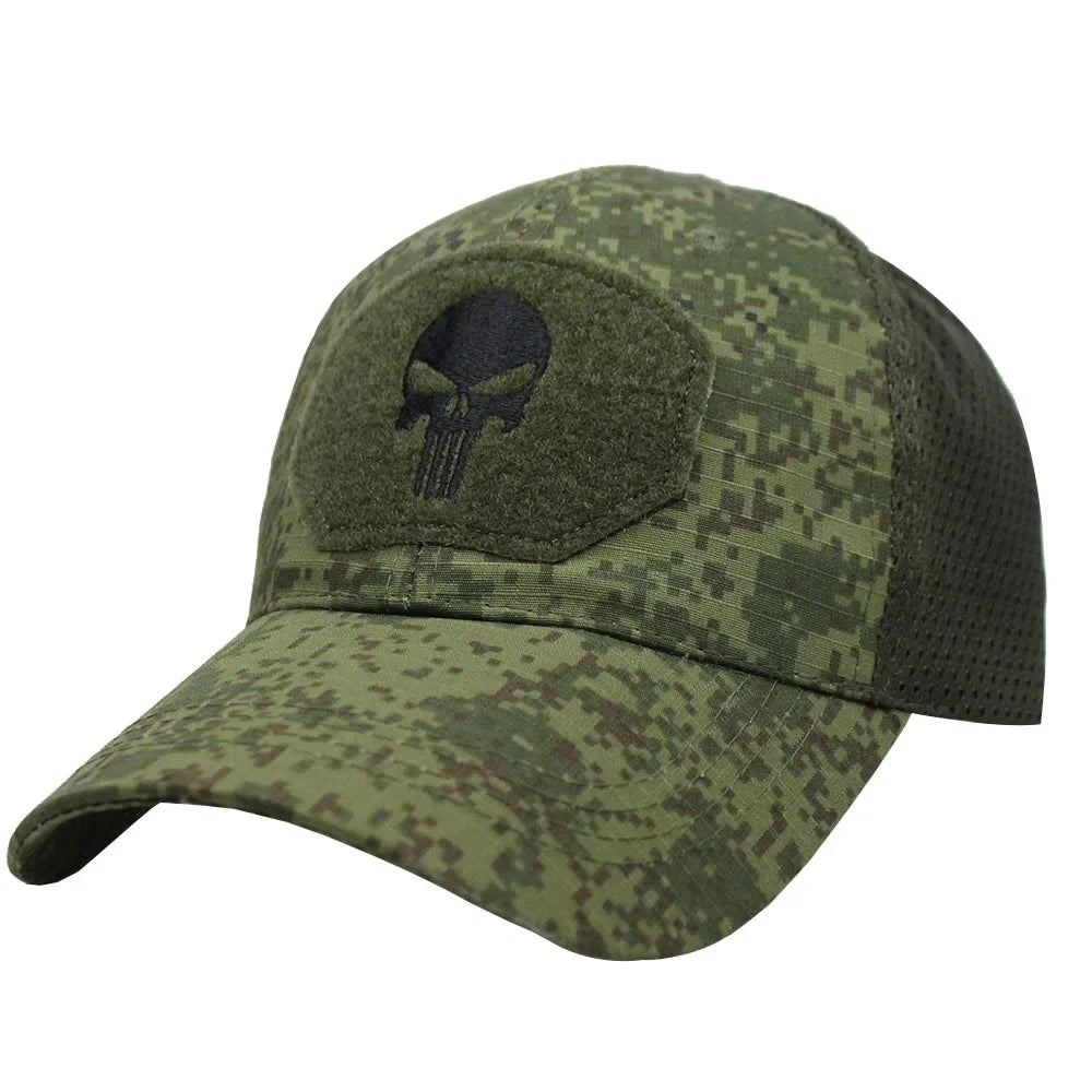 Baseballkappe im Camouflage-Look, aus atmungsaktivem Netzgewebe, taktische Camo-Kappe der Special Forces, mit Totenkopf- und Enten-Schirm