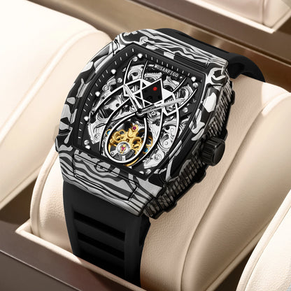 MUSANFIGO automatic hollow mechanical watch, barrel shaped fashionable men's trendy watch, luminous waterproof watch