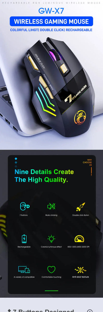 Langaton Bluetooth-hiiri, ladattava tietokonehiiri, ergonominen pelihiiri pelaajille, RGB-taustavalaistu hiljainen hiiri PC:lle