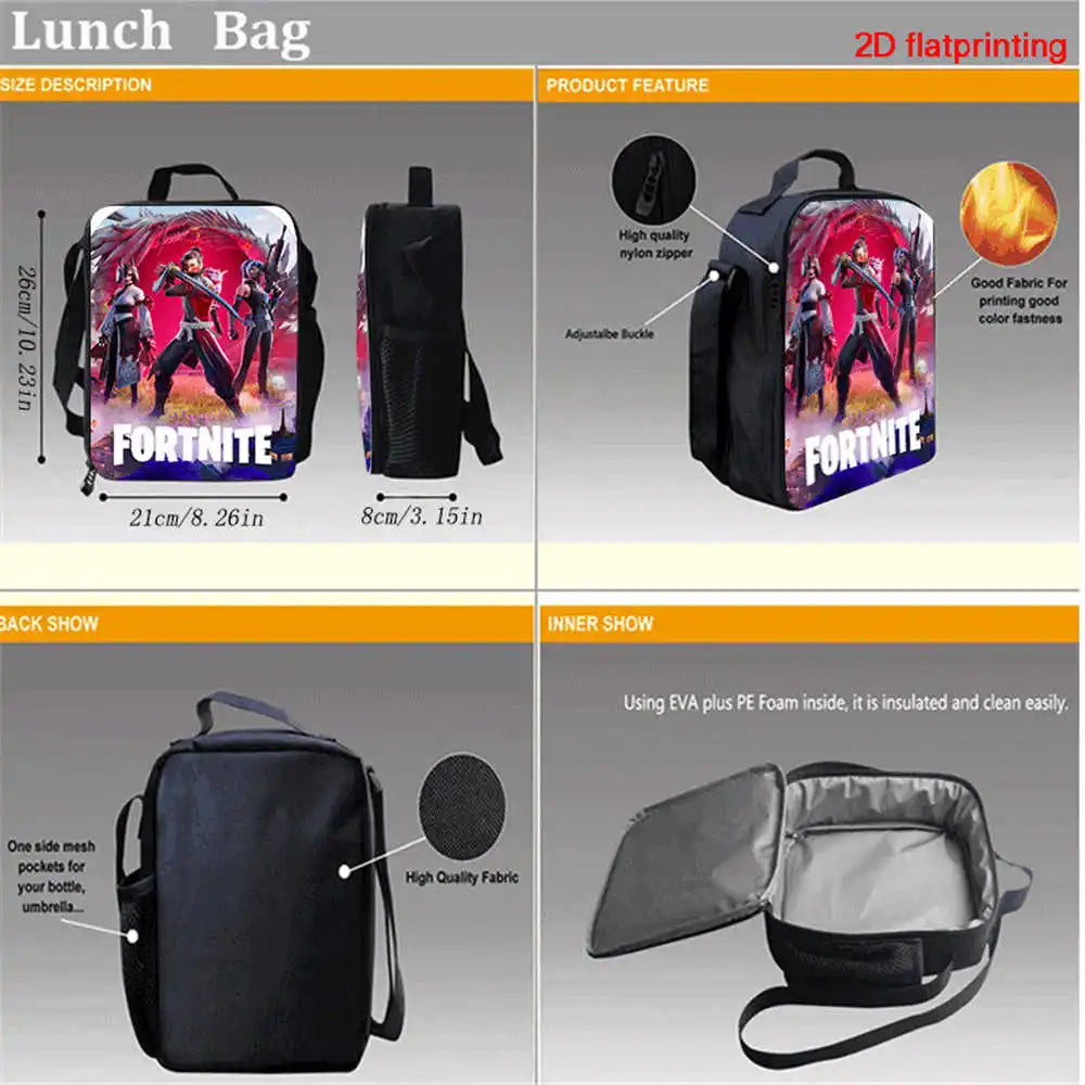 Fortnite Cartoon 3pcs Set, Large Capacity Suitable for Boys and Girls Aged 5-8, Includes Backpack, Dinner Bag, and Pencil Case