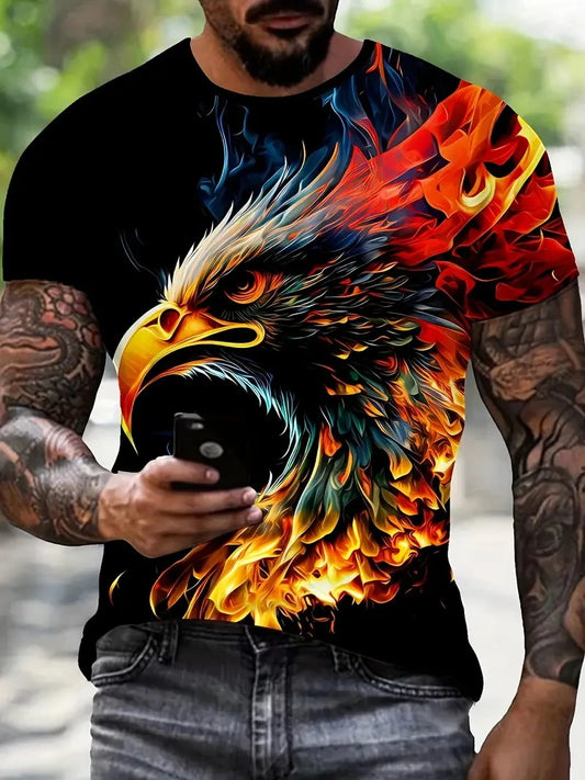 New Cool Eagle Pattern T-Shirt for Men Clothing 3D Print Flame Eagle Summer Streetwear Trendy Short Sleeve Men’s T-Shirts Tops