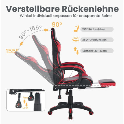 Ergonomic Racing Gaming Chair with Lumbar Support, Massage Function, Footrest, Reclining Leather Gaming Chair for Office & PC Gaming