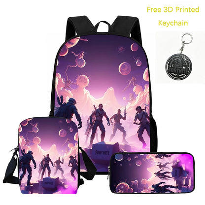 3Pcs Kids Backpack Set, Crossbody & Pencil Bag, FORTNITE Cartoon Bag, Lightweight for Boys and Girls Ages 5-10, Free 3D Printed Keychain