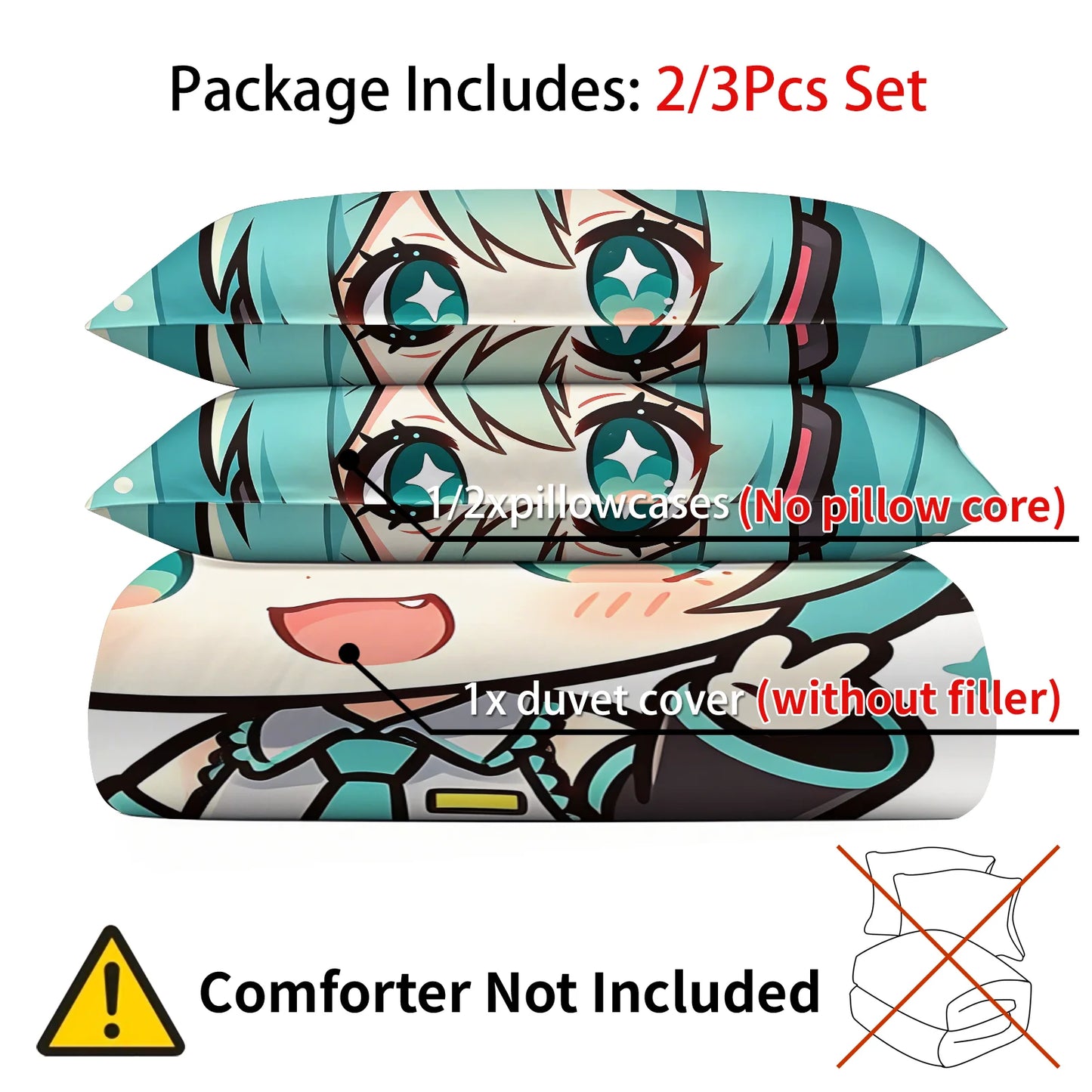 Set navlake za poplun Hatsune Miku u chibi stilu, slatka anime posteljina s jastučnicama, dekor za gaming sobu, spavaću sobu tinejdžera i djece, poklon za fanove