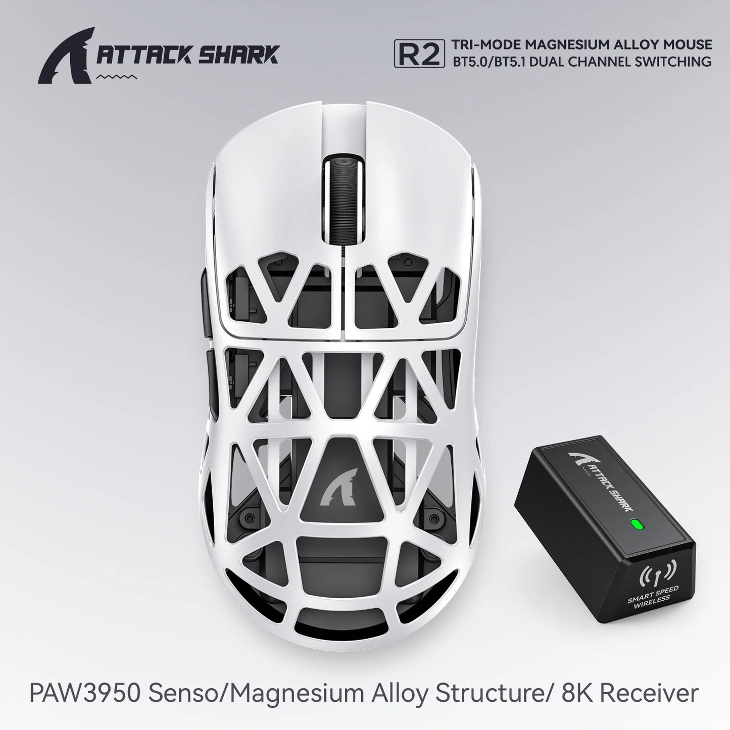 Attack Shark R2 trådlös gamingmus PAW3950 8K i magnesiumlegering, lätt gamingmus med Bluetooth Tri-Mode för gaming/kontor
