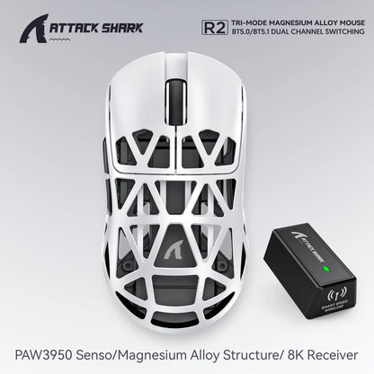 Attack Shark R2 trådlös gamingmus PAW3950 8K i magnesiumlegering, lätt gamingmus med Bluetooth Tri-Mode för gaming/kontor