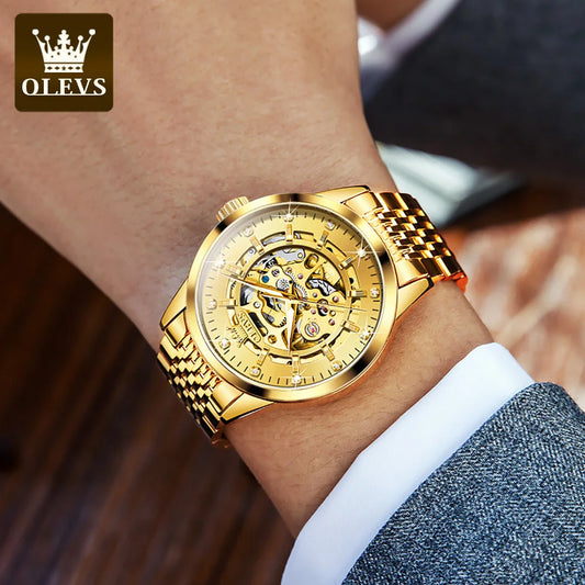 Relógio de homem OLEVS 9920, modelo original do tipo «esqueleto», em aço inoxidável maciço, estanque e dotado de elementos luminescentes; relógio mecânico automático de luxo.