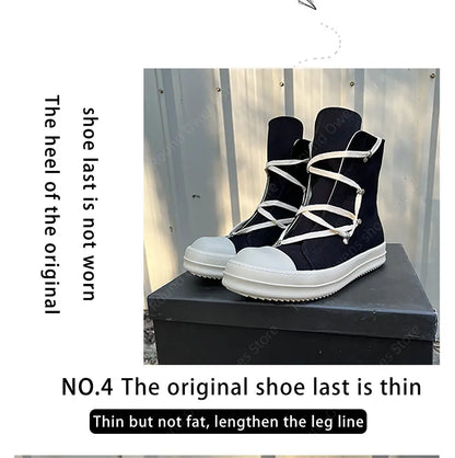 Casual High Top Quality Black Designer Men Leather Shoe Ro Pentagram Thick-sole Zip Flat Canvas Luxury Women Ankle boot Sneakers