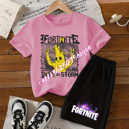 Fortnite Series T-shirt Shorts Suit for Children Hot Game Top and Pants Set Summer Cute Home Loungewear Outfit Birthday Gift
