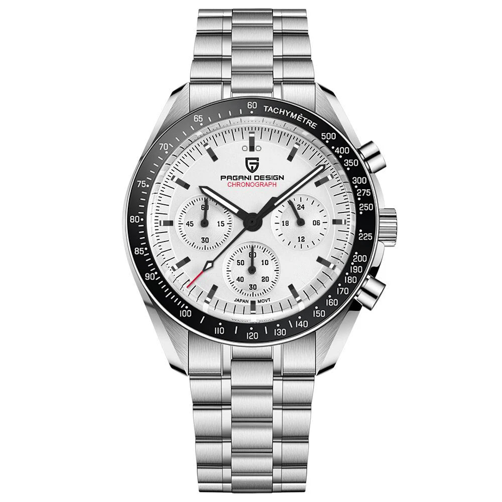 Reloj para hombre PAGANI DESIGN «New Moon» – Reloj de cuarzo de lujo, cronógrafo, cristal de zafiro con tratamiento antirreflectante, bisel de cerámica, agujas luminiscentes