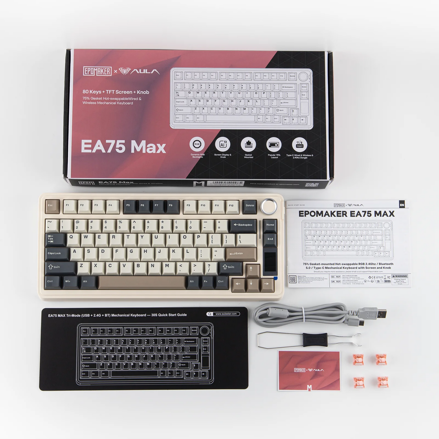 EPOMAKER X AULA EA75 MAX 75% ANSI US Layout Hot-Swap Gasket Wired/BT/2.4GHz Wireless Mechanical Keyboard with Screen & Knob