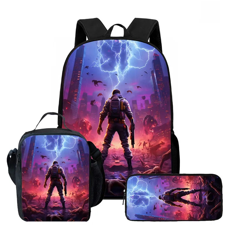 Fortnite Cartoon 3-teiliges Rucksack-Set für Jungen und Mädchen, unisex, mit Schulranzen, Lunch Bag und Federmäppchen, geeignet für Kinder von 5-8 Jahren