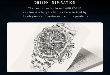 MINI FOCUS Black Stainless Steel Quartz Watch Men Fashion Luminous Dress Wristwatch with Date 24-hour Display Chronograph 0470