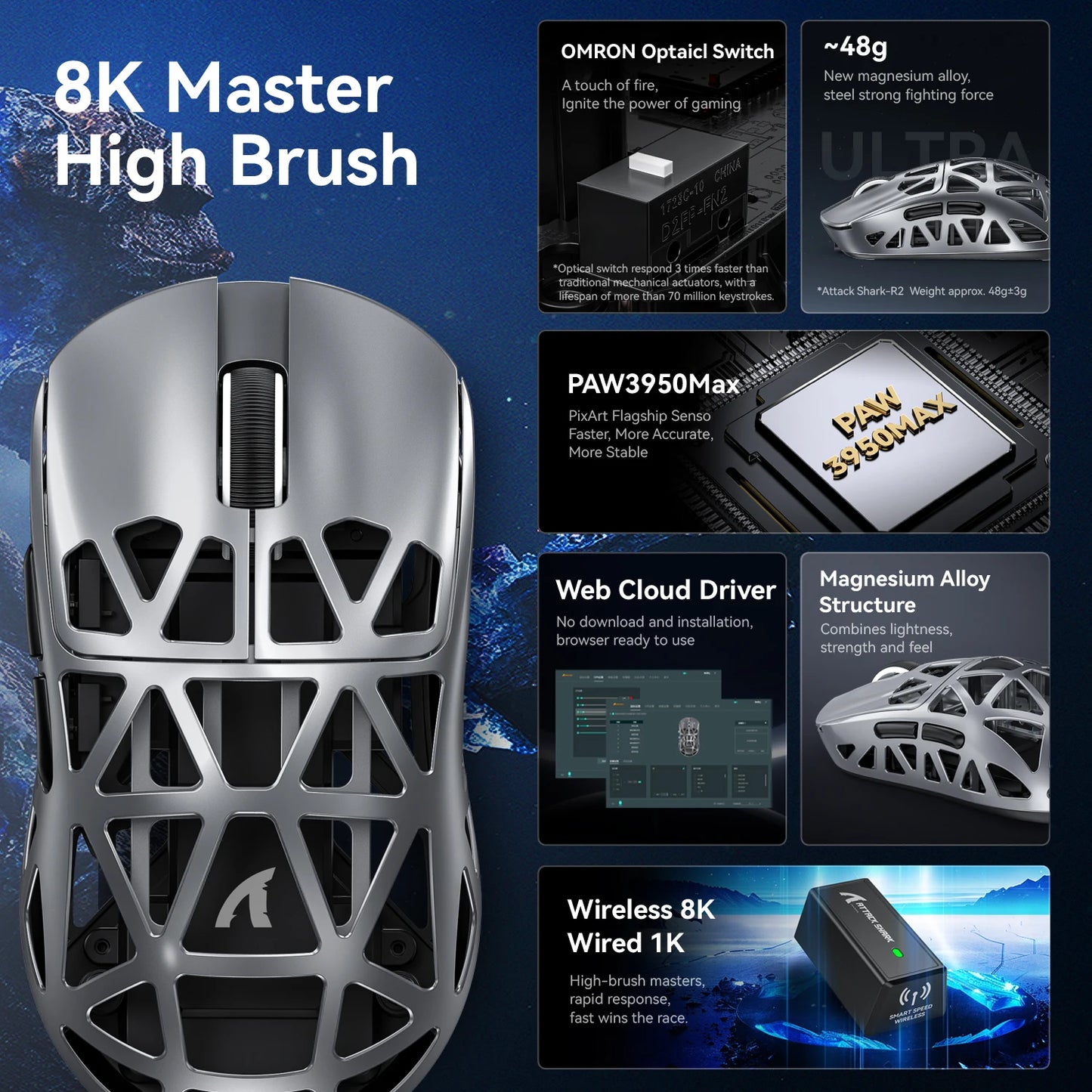 Attack Shark R2 trådlös gamingmus PAW3950 8K i magnesiumlegering, lätt gamingmus med Bluetooth Tri-Mode för gaming/kontor
