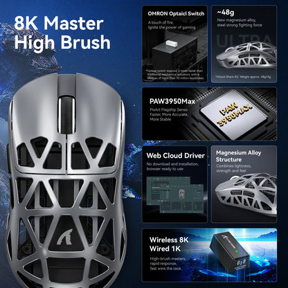 Attack Shark R2 trådlös gamingmus PAW3950 8K i magnesiumlegering, lätt gamingmus med Bluetooth Tri-Mode för gaming/kontor