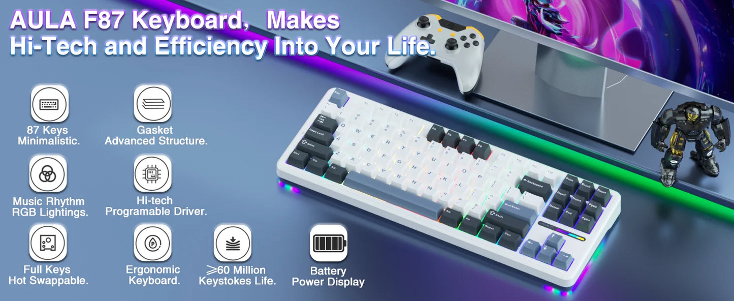 AULA F87 Pro Gasket Gaming Mechanical Keyboard 75% TKL Layout Wireless Hot-Swap RGB Custom Bluetooth Keyboard 2024 New Colors