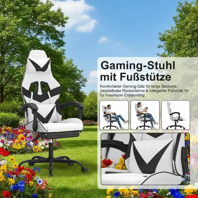 Gaming Chair with Footrest, Reclining Gaming Chair, Adjustable Height 360° Swivel Gaming Chair in White & Black PU Leather for Office & Gaming