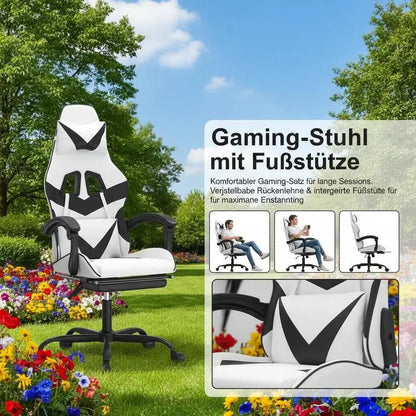 Gaming Chair with Footrest, Reclining Gaming Chair, Adjustable Height 360° Swivel Gaming Chair in White & Black PU Leather for Office & Gaming