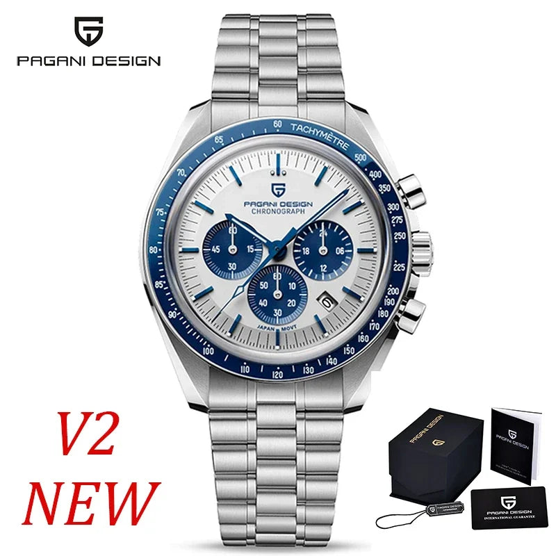 Reloj para hombre PAGANI DESIGN «New Moon» – Reloj de cuarzo de lujo, cronógrafo, cristal de zafiro con tratamiento antirreflectante, bisel de cerámica, agujas luminiscentes
