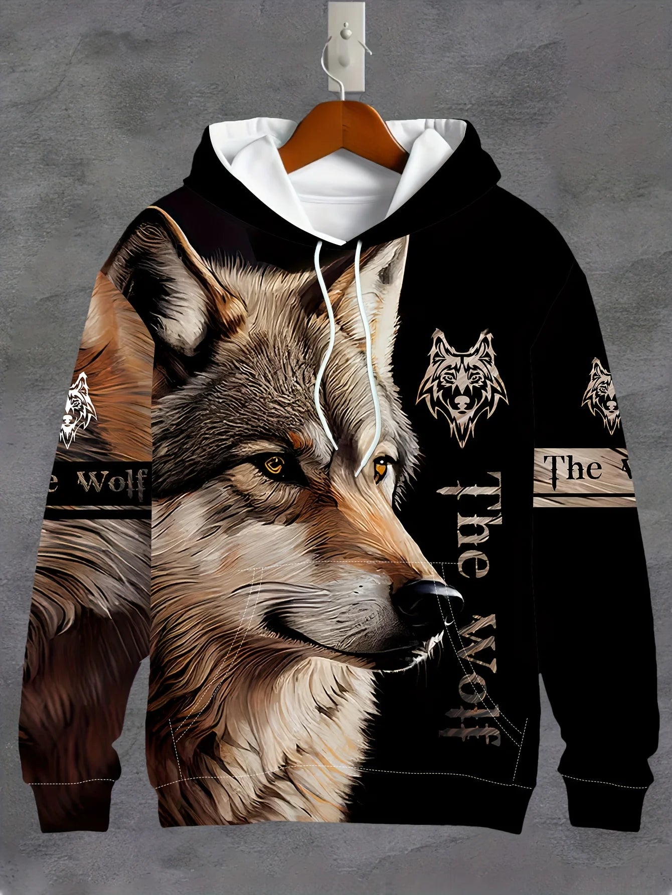 Men's 3D White Wolf Print Hoodie, Casual Long Sleeve Pullover with Drawstring Pocket, 100% Polyester Slight Stretch Men's Clothing