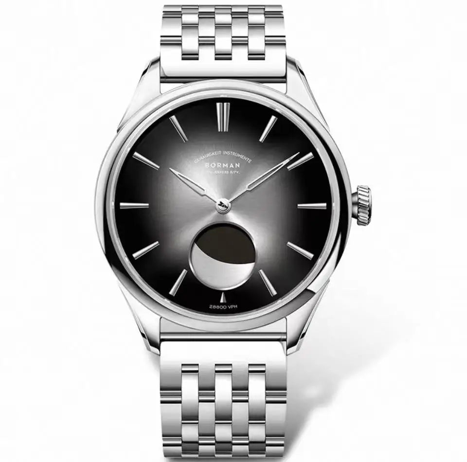 Montre automatique pour homme Borman – Montre mécanique de luxe avec phase de lune, étanche jusqu'à 50 m, verre saphir et bracelet en cuir