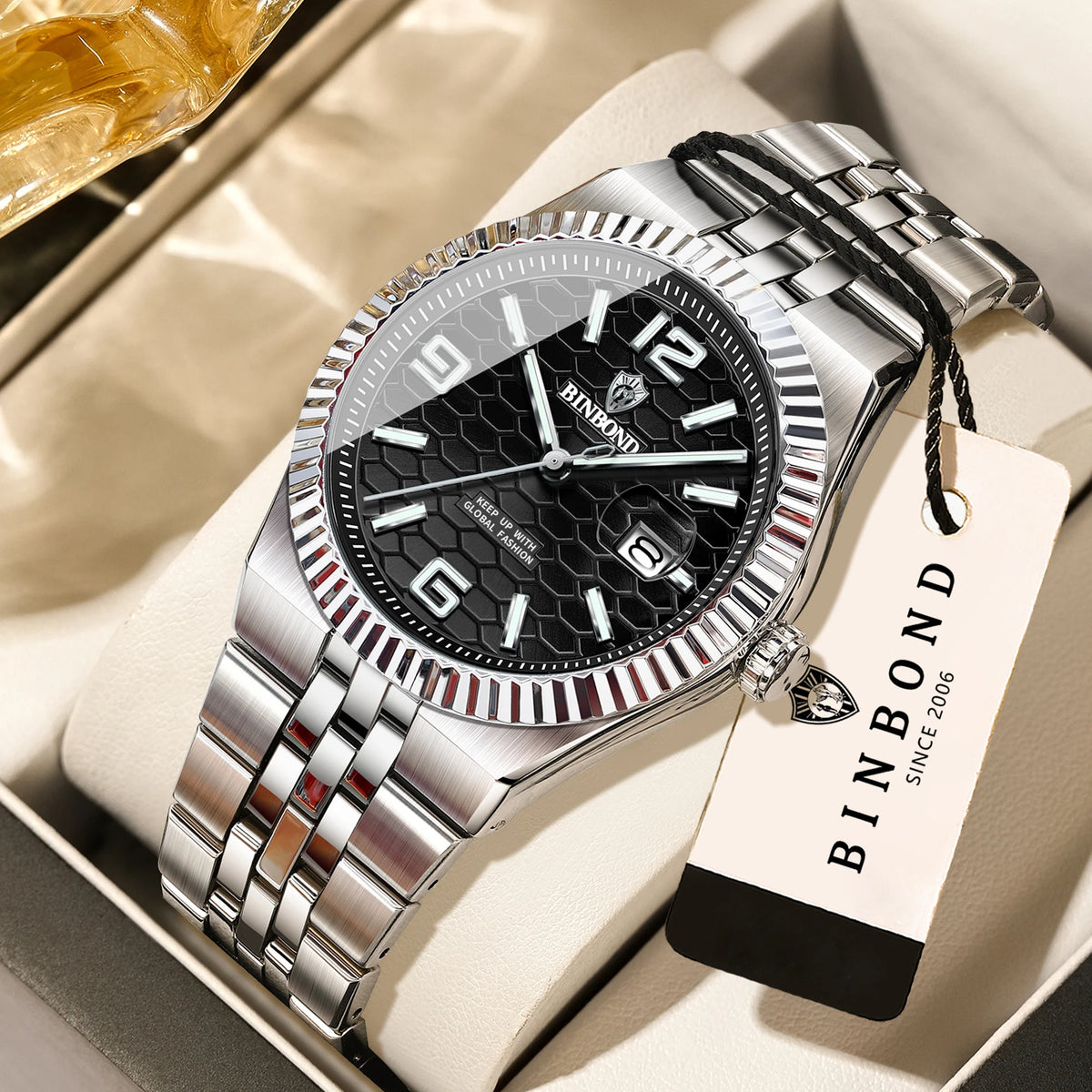 Montre-bracelet à quartz de luxe BINBOND, lumineuse, étanche, date automatique, pour homme, en acier, style business, sport, mode et décontracté.