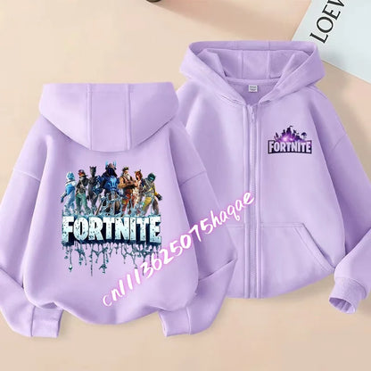 Nieuw Fortnite-kinderhoodiejack met cartoon-gamepersonageprint en rits, herfst- en winterjas voor kinderen, jongenskleding