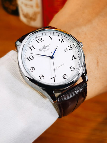Reloj para hombre WINNER – Estilo clásico, retro y elegante – Reloj mecánico automático con calendario – Marca de lujo, caja de acero y correa de piel