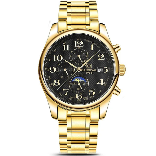 Carnival Brand Automatic Watch, Fashion Luxury Waterproof Calendar with Moon Phase, Mechanical Watches for Men