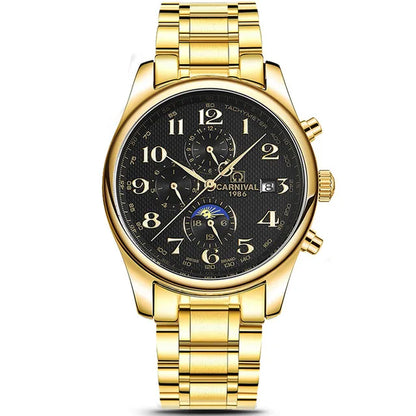 Carnival Brand Automatic Watch, Fashion Luxury Waterproof Calendar with Moon Phase, Mechanical Watches for Men