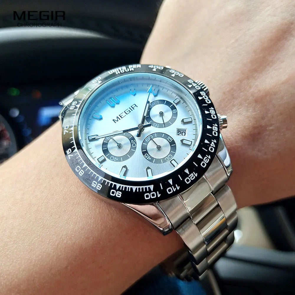 MEGIR Herrenuhr, Luxusmarke, Quarz-Sportuhr, Edelstahlarmband, wasserdicht, Chronograph, Armbanduhr