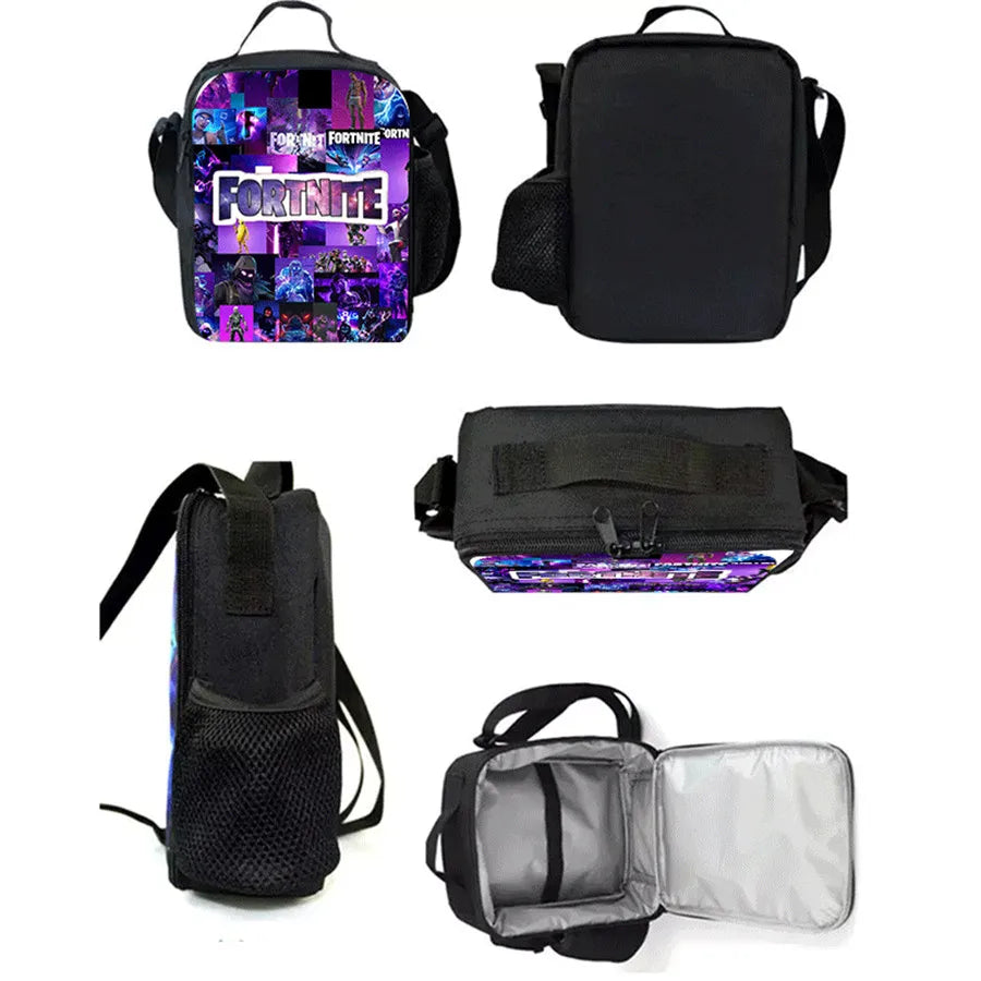 Fortnite Cartoon 3-teiliges Rucksack-Set für Jungen und Mädchen, unisex, mit Schulranzen, Lunch Bag und Federmäppchen, geeignet für Kinder von 5-8 Jahren