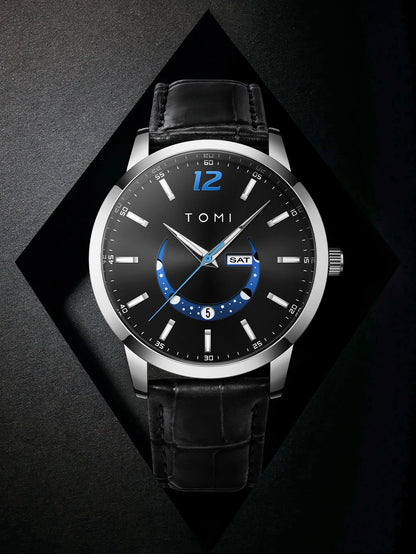Reloj de cuarzo TOMI, de estilo elegante y profesional, con correa de piel, caja de aleación y esfera con agujas: diseño de alta gama, ideal como regalo para hombre.