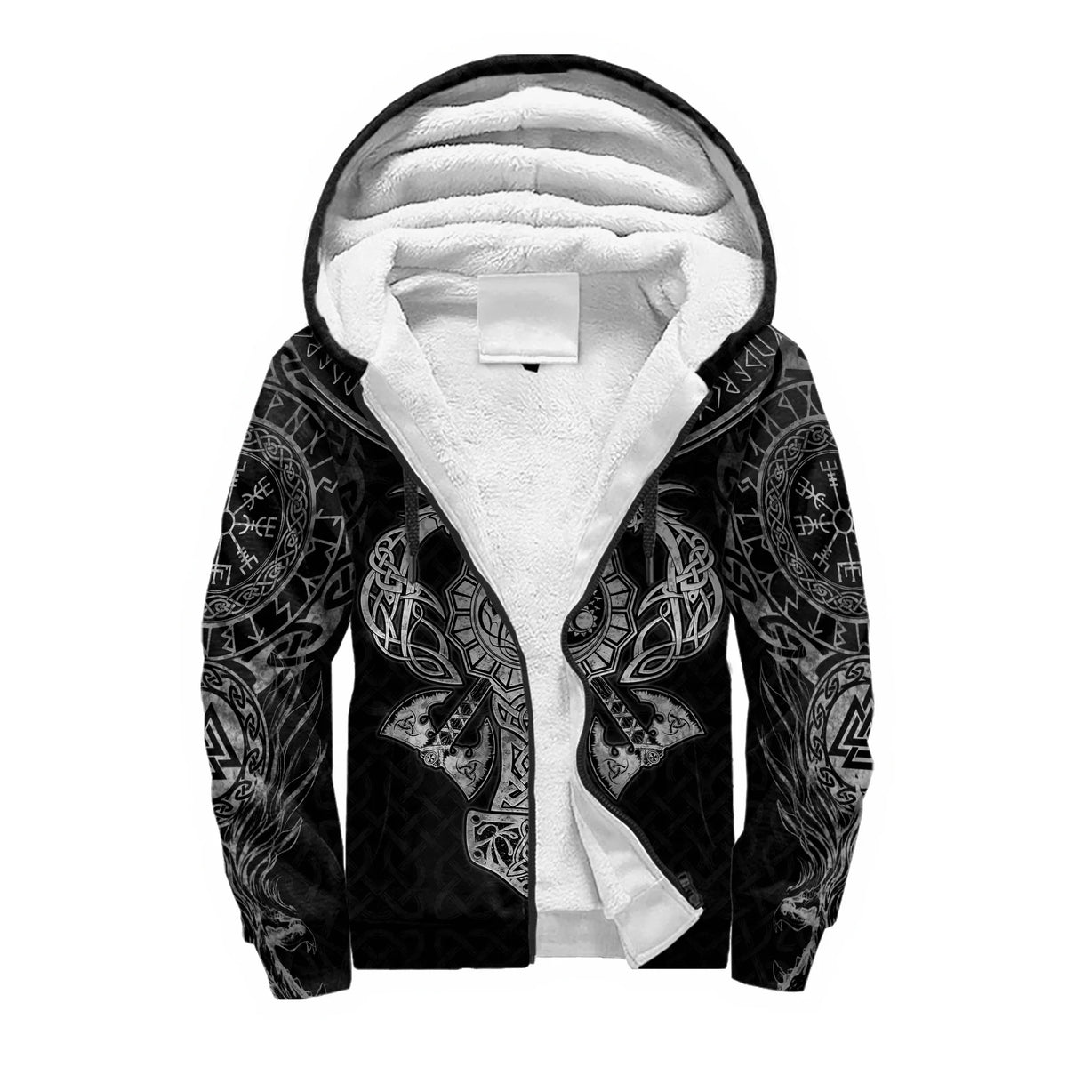Mjolnir Odino Corvo Lupo Tatuaggio Felpa con cappuccio da uomo invernale più spessa con zip, stampata in 3D, unisex, casual, tuta con cappuccio, giacca in pile calda KD16