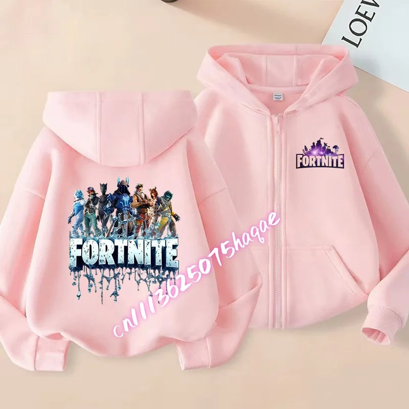 Nieuw Fortnite-kinderhoodiejack met cartoon-gamepersonageprint en rits, herfst- en winterjas voor kinderen, jongenskleding