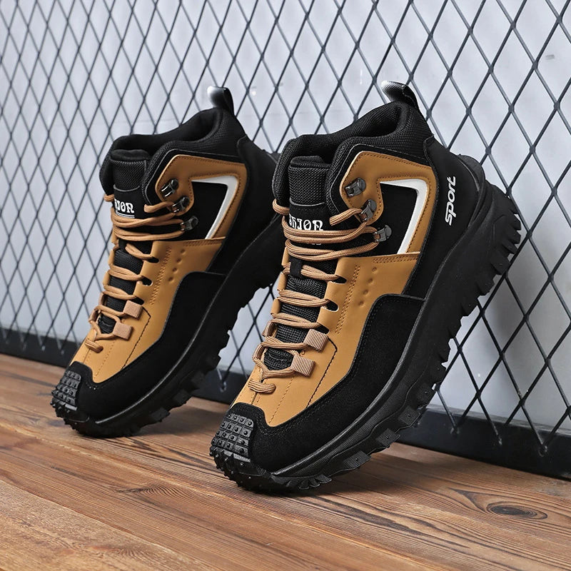 Black and Tan Mid-Top Hiking Boots Suede and Leather Platform Sneakers Non-Slip Outdoor Casual Shoes with Rugged Sole for All