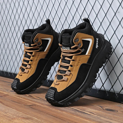 Black and Tan Mid-Top Hiking Boots Suede and Leather Platform Sneakers Non-Slip Outdoor Casual Shoes with Rugged Sole for All