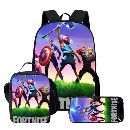 Fortnite Cartoon 3-teiliges Rucksack-Set für Jungen und Mädchen, unisex, mit Schulranzen, Lunch Bag und Federmäppchen, geeignet für Kinder von 5-8 Jahren