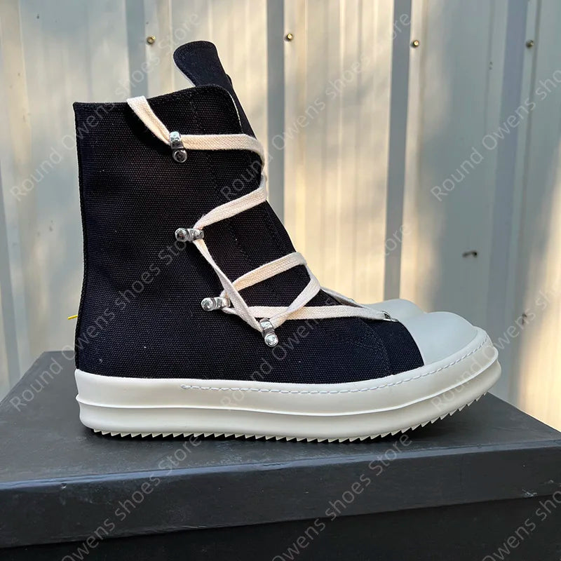 Casual High Top Quality Black Designer Men Leather Shoe Ro Pentagram Thick-sole Zip Flat Canvas Luxury Women Ankle boot Sneakers