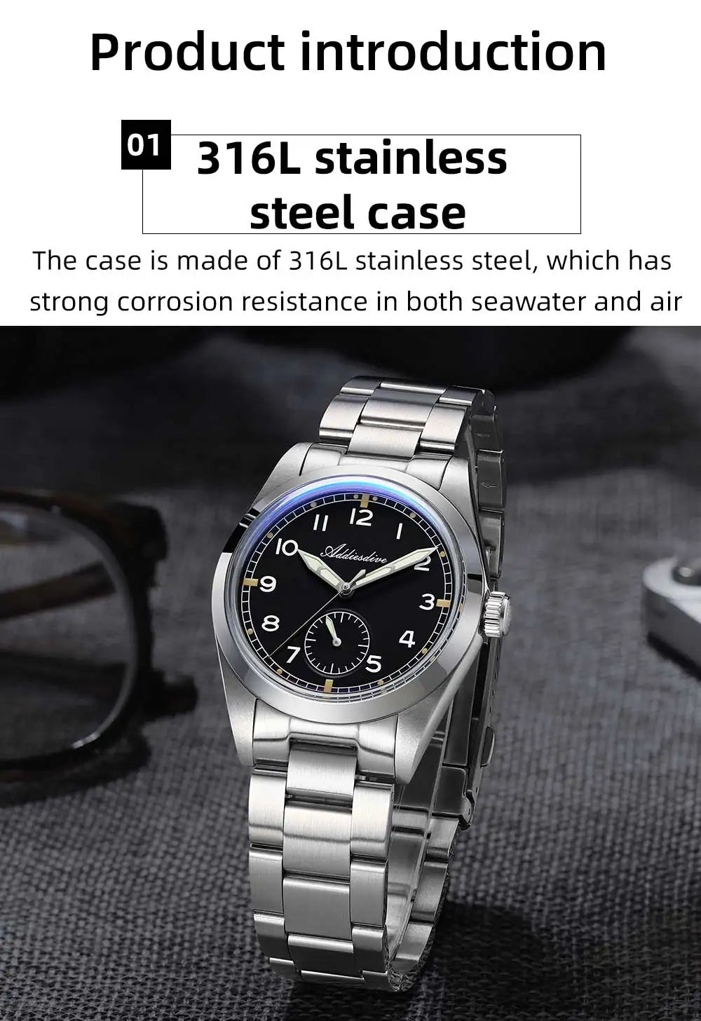 ADDIESDIVE 36mm Men's Quartz VH60 Watch BGW9 Luminous Bubble Mirror Pot Cover Glass 10Bar Waterproof Stainless Steel Watch