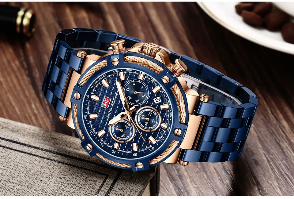 MINI FOCUS Black Stainless Steel Quartz Watch Men Fashion Luminous Dress Wristwatch with Date 24-hour Display Chronograph 0470