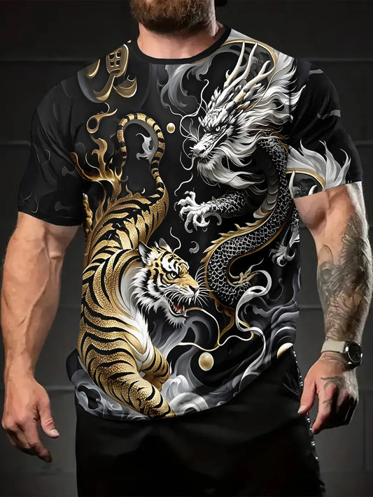 Men's Summer Graphic Tee Dragon & Tiger Duel Design Casual Short Sleeve T-shirt 2025 Fashion Casual O-Neck Shirt