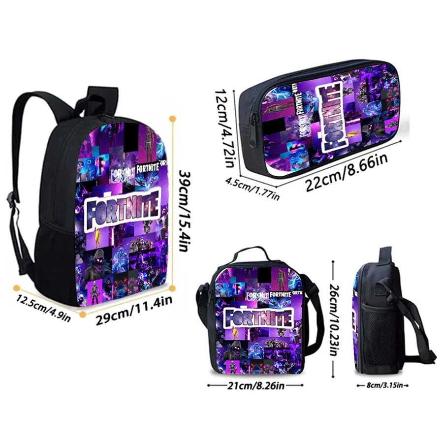 Fortnite Cartoon 3-teiliges Rucksack-Set für Jungen und Mädchen, unisex, mit Schulranzen, Lunch Bag und Federmäppchen, geeignet für Kinder von 5-8 Jahren