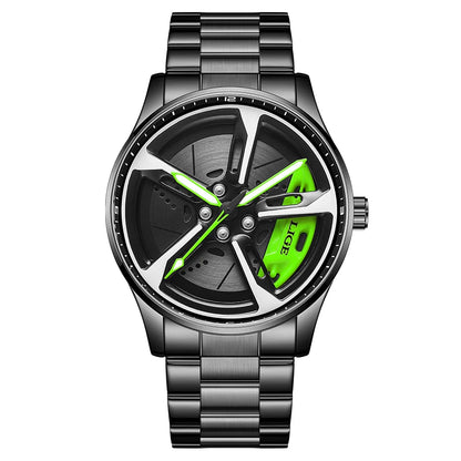 LIGE New Sport 3d Car Wheel Rim Hub Watch Fashionable Rotating Dial Stainless Steel Strap Waterproof Quartz Watches reloj hombre