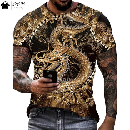 T-shirts de homem com padrão de dragão, manga curta, gola redonda, estilo streetwear, estampado animal 3D, corte largo e versátil, roupa de homem