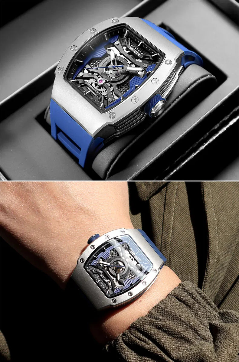 MEGIR Men's Automatic Mechanical Watch with Stainless Steel Case Silicone Strap Fashion Waterproof Luminous Wristwatch 8604