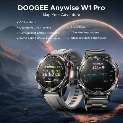 DOOGEE ANYWISE W1 PRO AI Smart Watch 1.43" AMOLED Display 5ATM IP68 Water Resistance GPS Tracking Sport Watch with Offine Maps