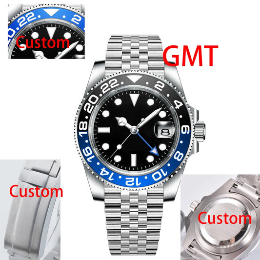 40MM Custom Logo New Men Quart Wristwatch Jubilee Stainless Quartz GMT Watch Sapphire Glass Men Watches Waterproof Luminous
