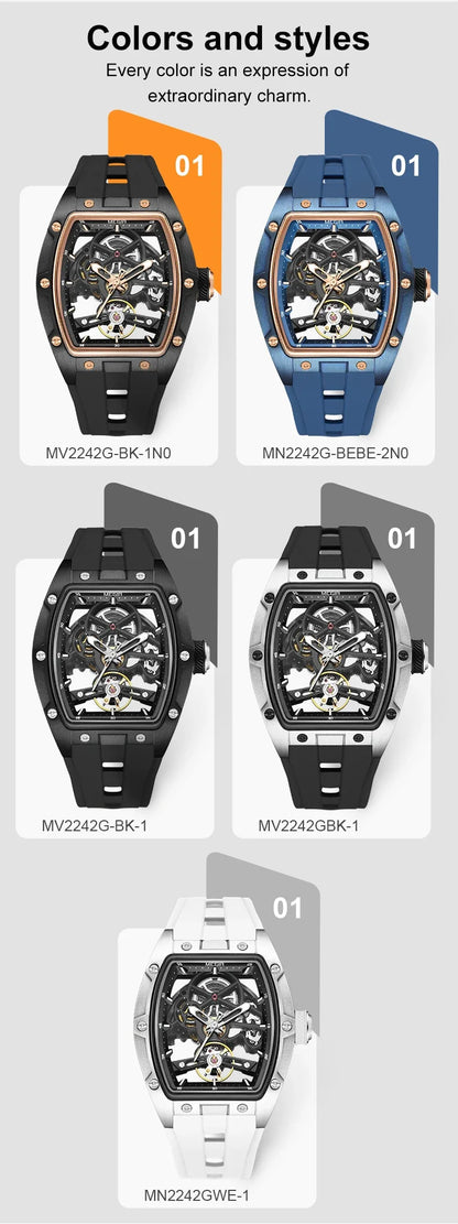 MEGIR Fashion Leisure Alloy Case Men Mechanical Watch Silicone Band Barrel Shaped Dial Luminous Pointer Design Man Wristwatch