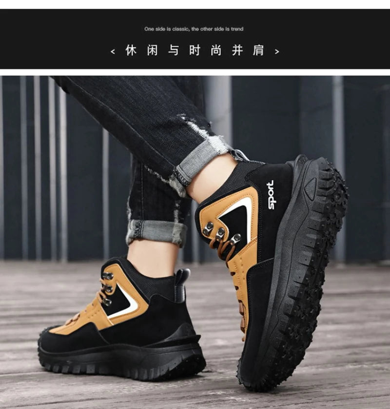 Black and Tan Mid-Top Hiking Boots Suede and Leather Platform Sneakers Non-Slip Outdoor Casual Shoes with Rugged Sole for All